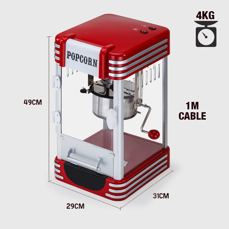 Dimensions view of the red and white retro popcorn machine