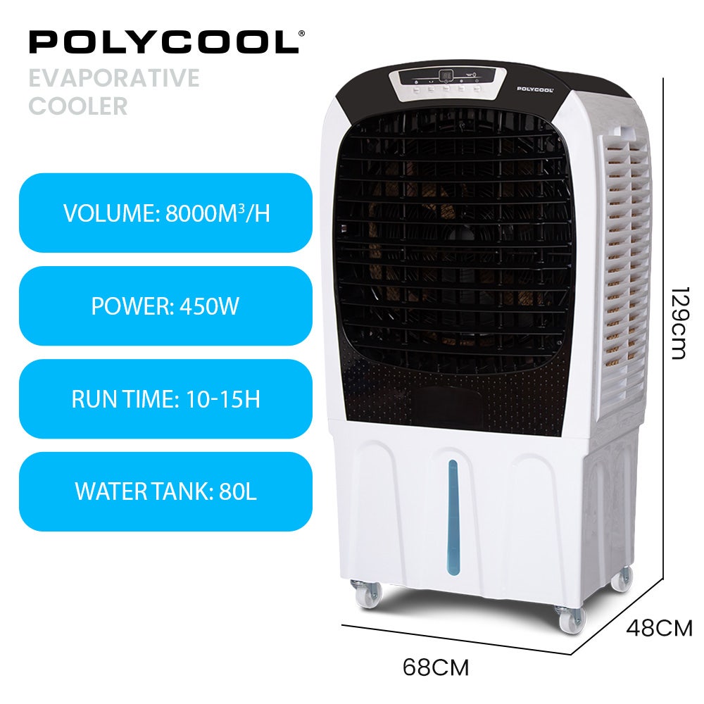 Air cooler dimensions 68 cm wide, 44 cm deep and 129 cm high