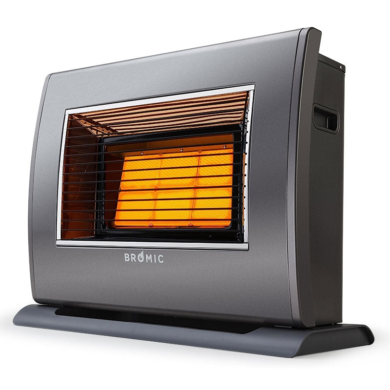 Metallic silver flueless natural gas room heater, front view