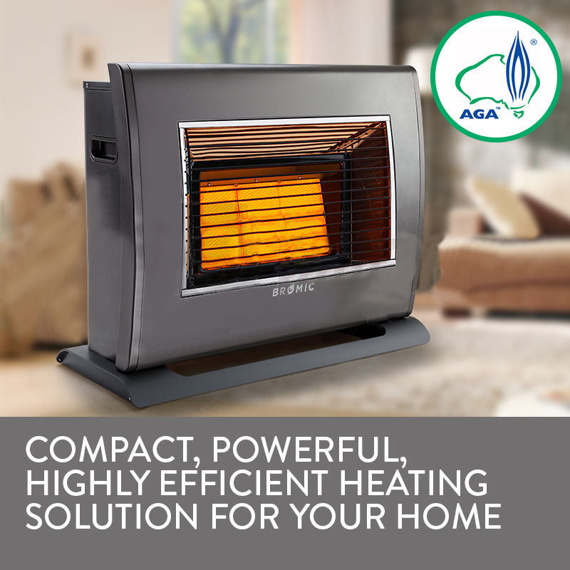 Gas room heater shown at an angle showing the top convection vent