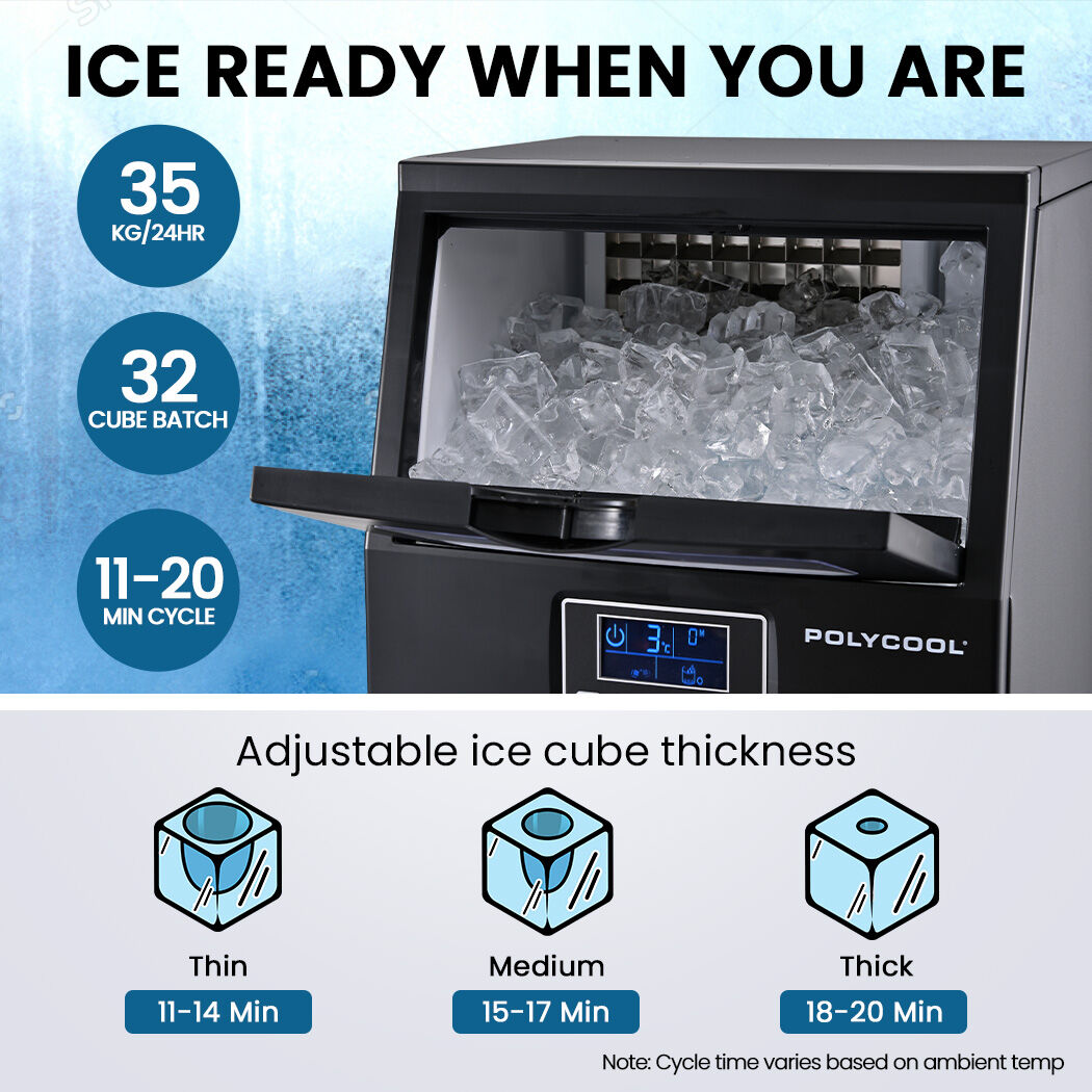 21 mm square ice cubes produced by the commercial ice maker