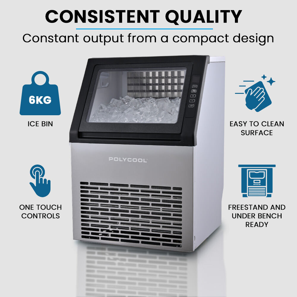 Front view of the ice maker with stainless steel fascia and LCD panel