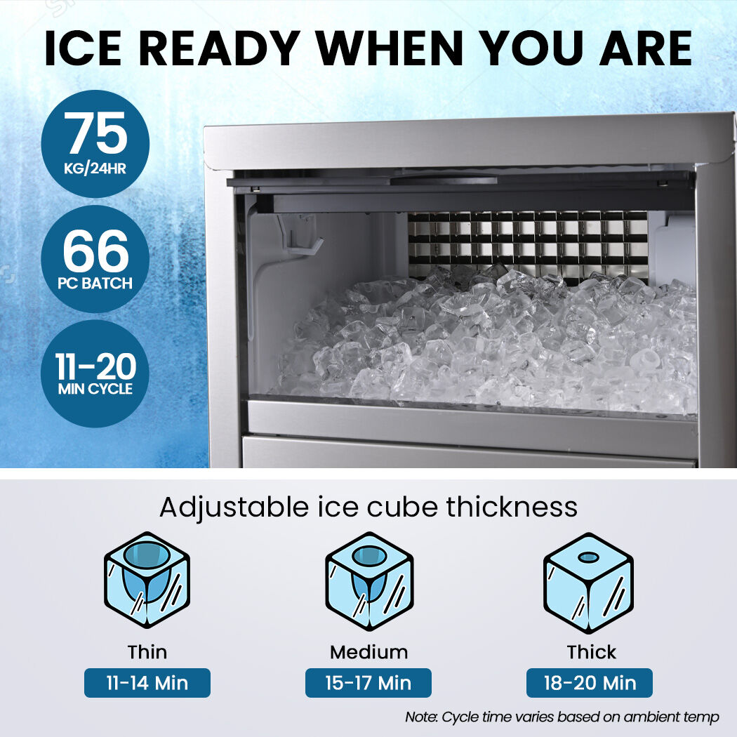 21 mm square ice cubes produced by the commercial ice maker