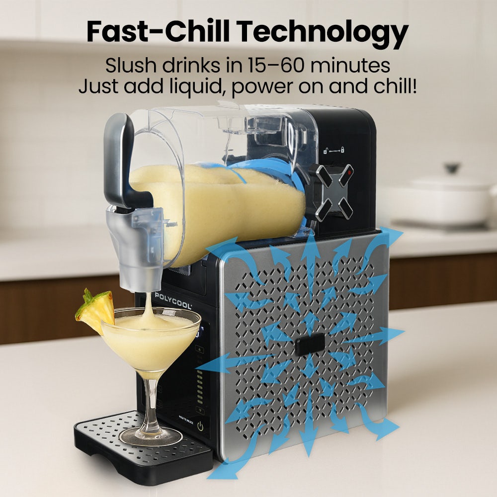 Compact slushie maker on a kitchen bench pouring a frozen drink
