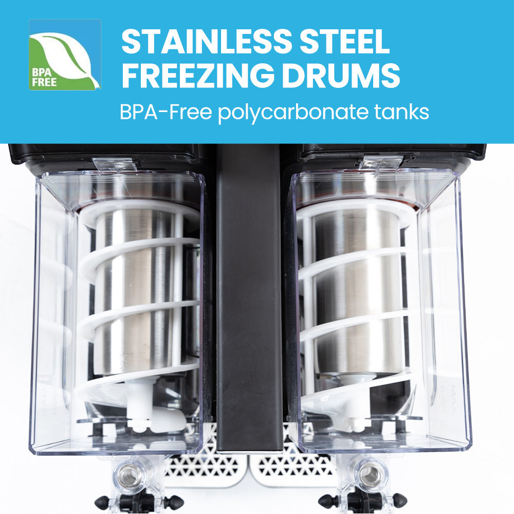 Two polycarbonate tanks holding different slushy flavours