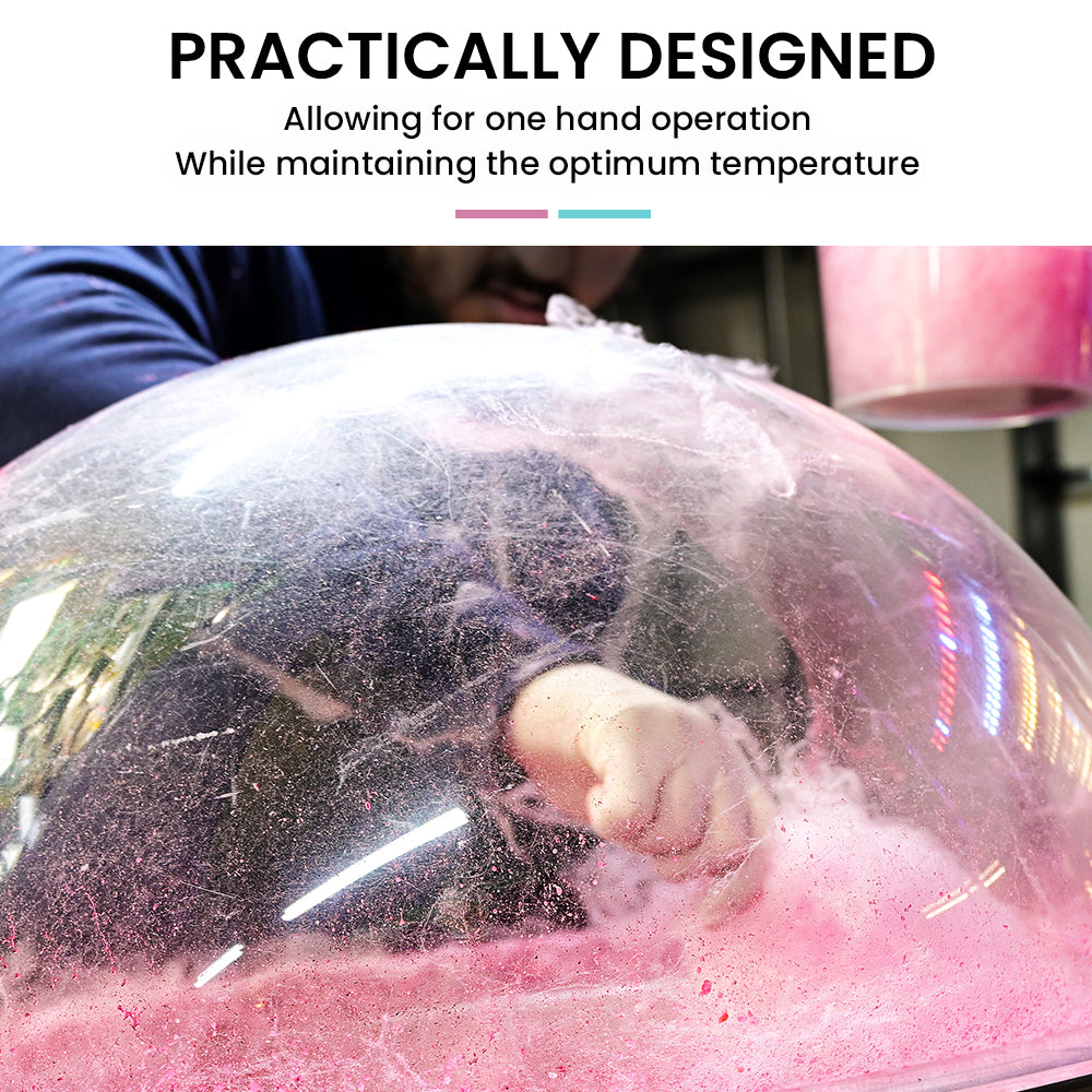 Fairy floss forming in the bowl viewed through the clear bubble cover