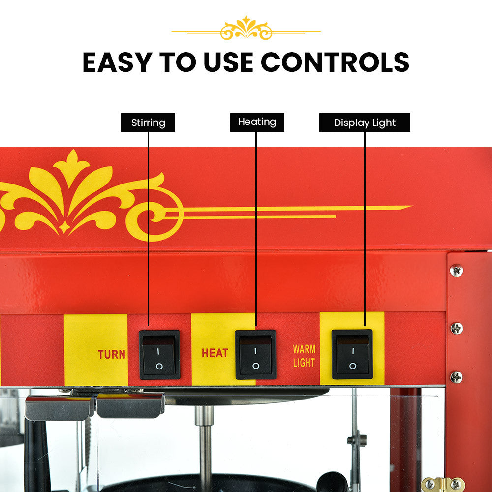Rear double doors open on the commercial popcorn machine cabinet