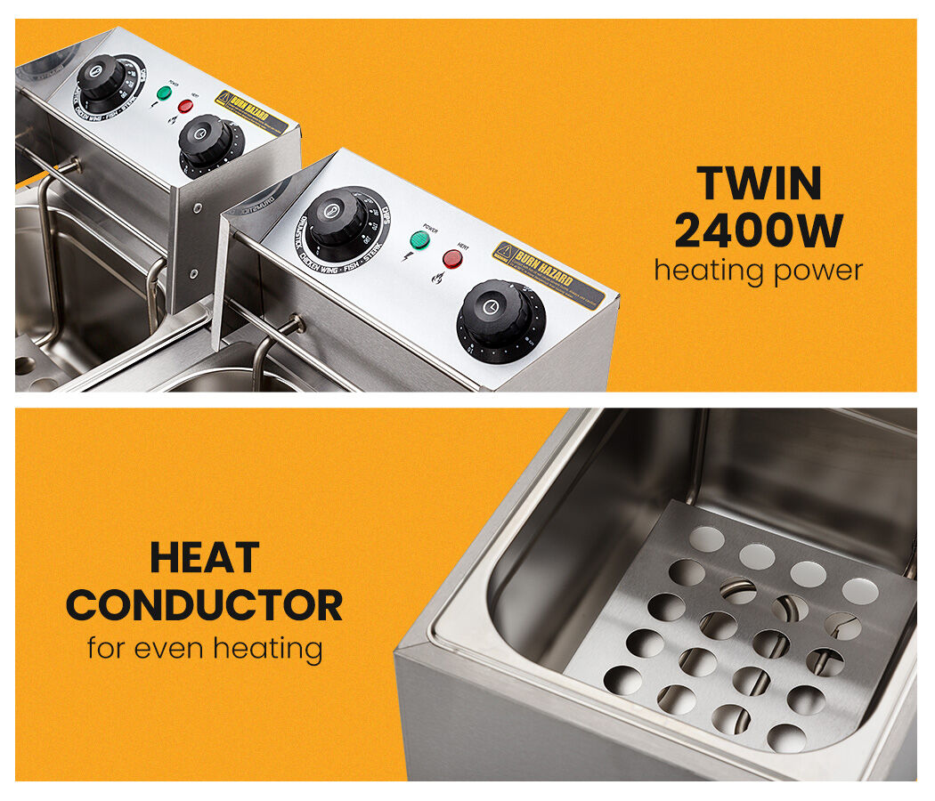 Both frying baskets resting on the drain hooks of the twin tank fryer