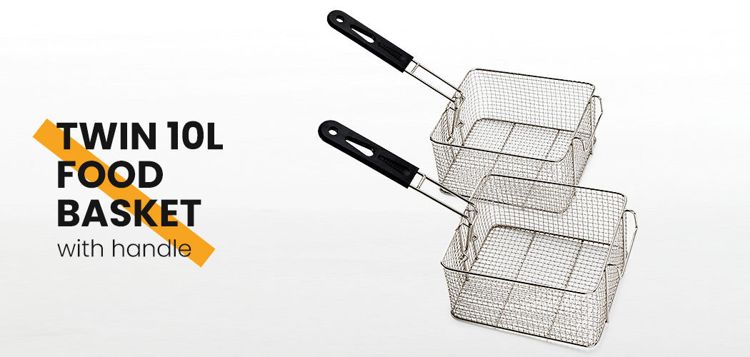 Chips cooking in one tank of the commercial twin basket deep fryer