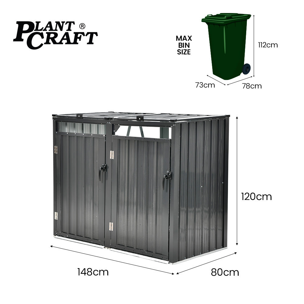 Double Wheelie Bin Storage Shed with 2 Doors - Galvanised Steel