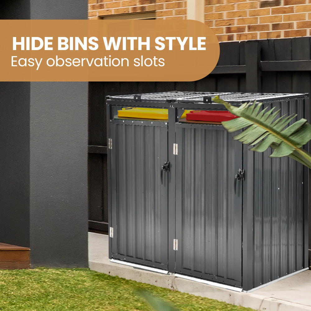 Double Wheelie Bin Storage Shed with 2 Doors - Galvanised Steel