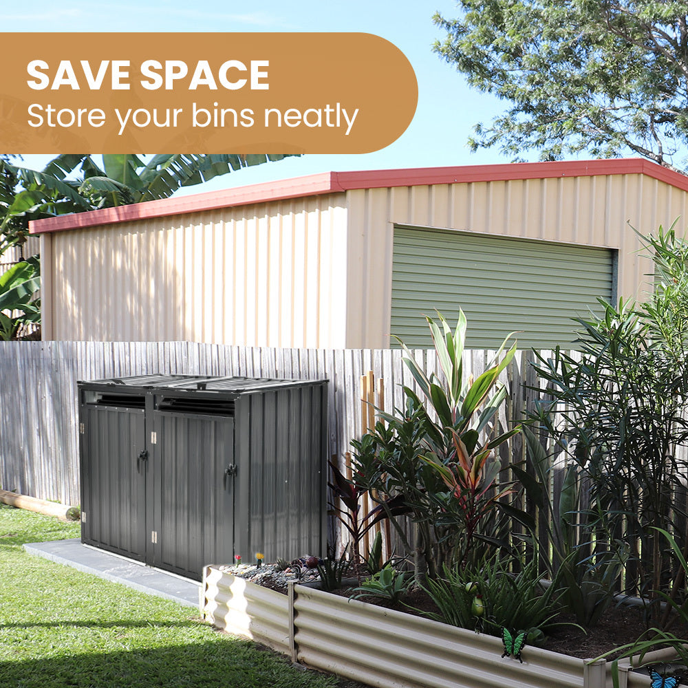 Double Wheelie Bin Storage Shed with 2 Doors - Galvanised Steel