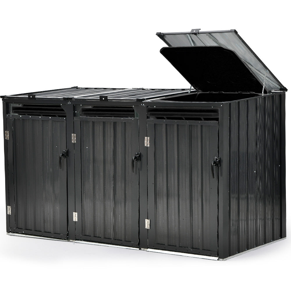 Galvanised steel triple wheelie bin storage shed with three doors