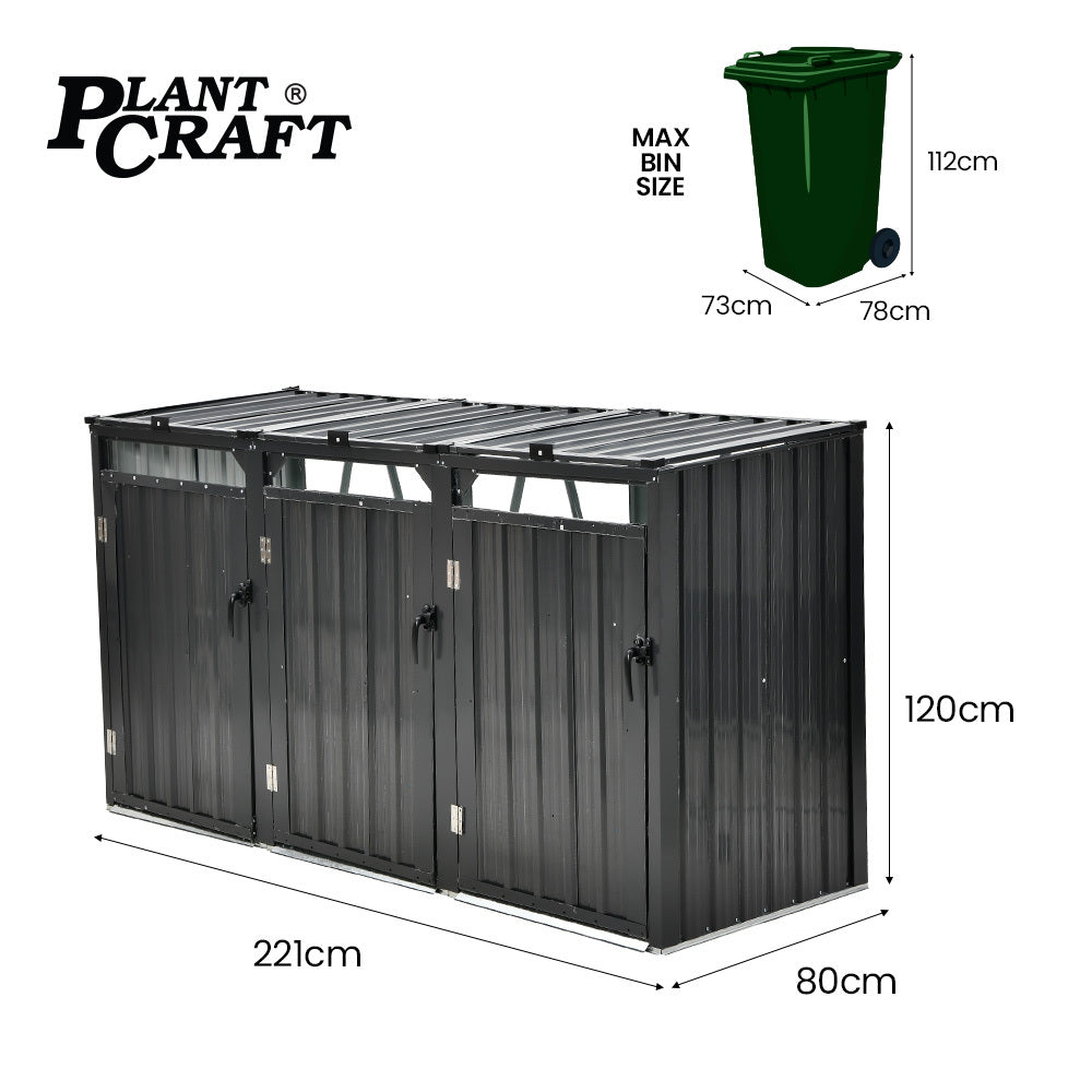 Galvanised steel triple wheelie bin storage shed with three doors (view 2)