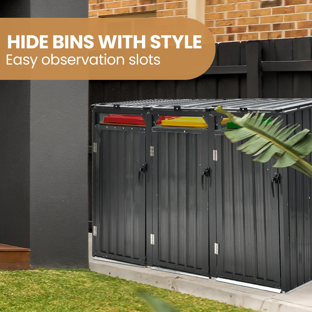 Galvanised steel triple wheelie bin storage shed with three doors (view 3)