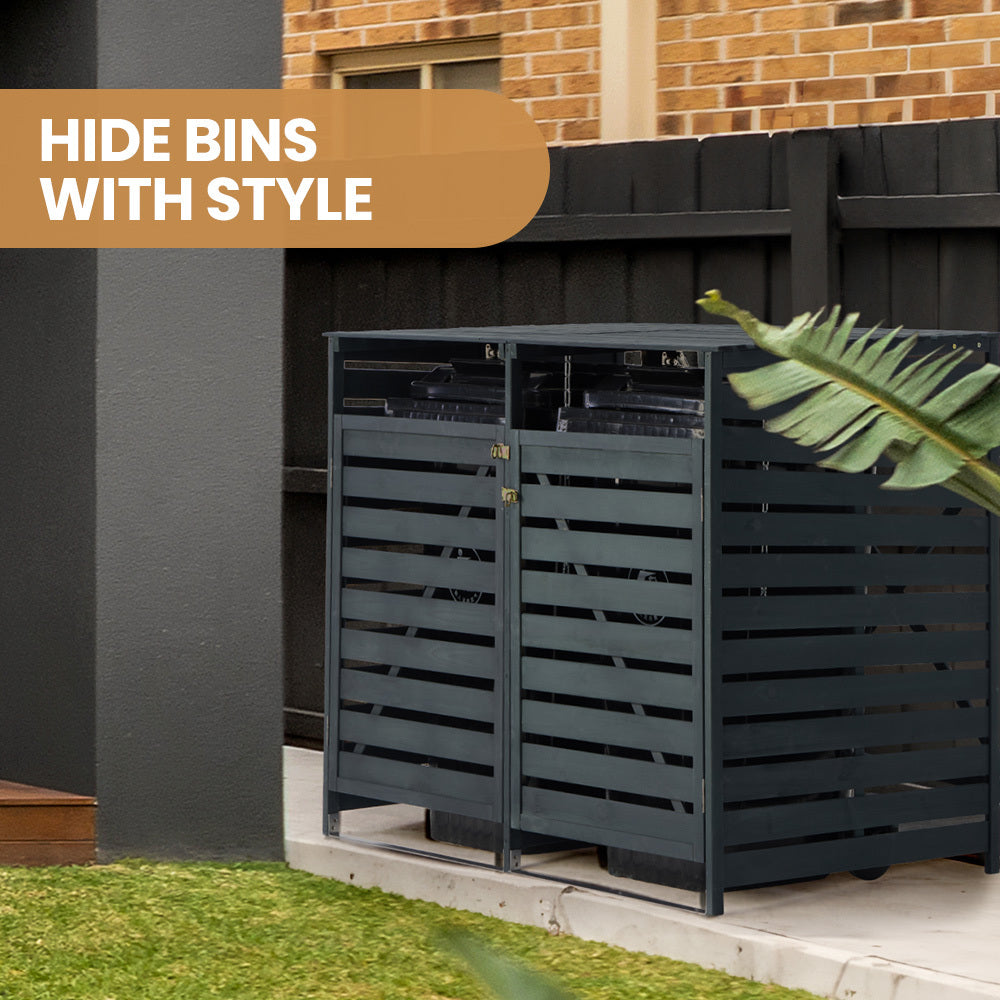 Wooden double wheelie bin storage shed side view