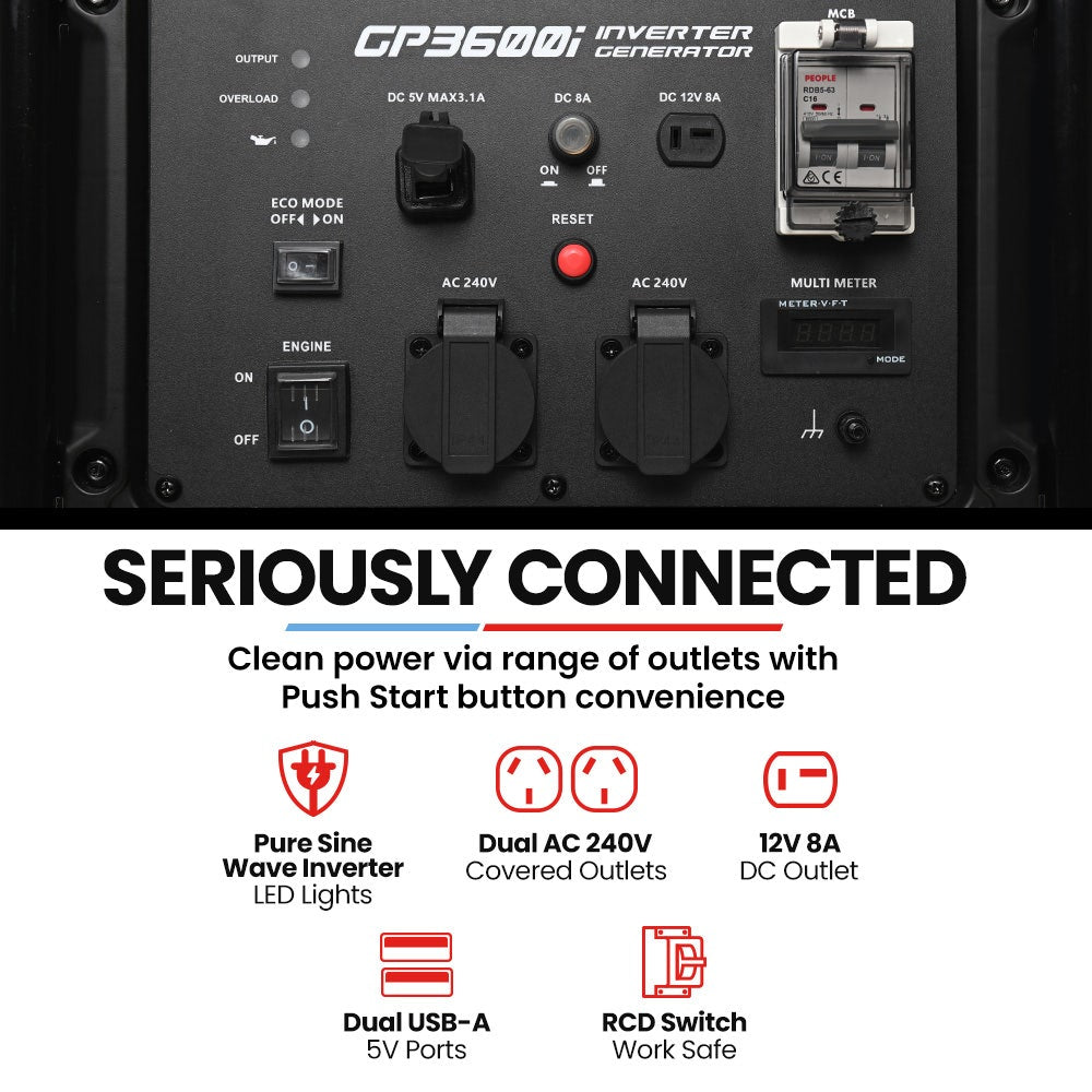 Portable Inverter Generator, 3.6kW Peak 3.2kW Open Frame Petrol, view 5