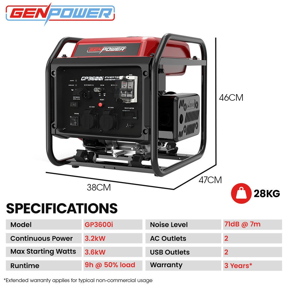 Portable Inverter Generator, 3.6kW Peak 3.2kW Open Frame Petrol, view 2