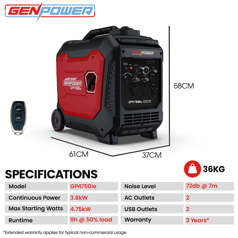 Portable Inverter Generator, 4.75kW Peak 3.8kW Remote Start