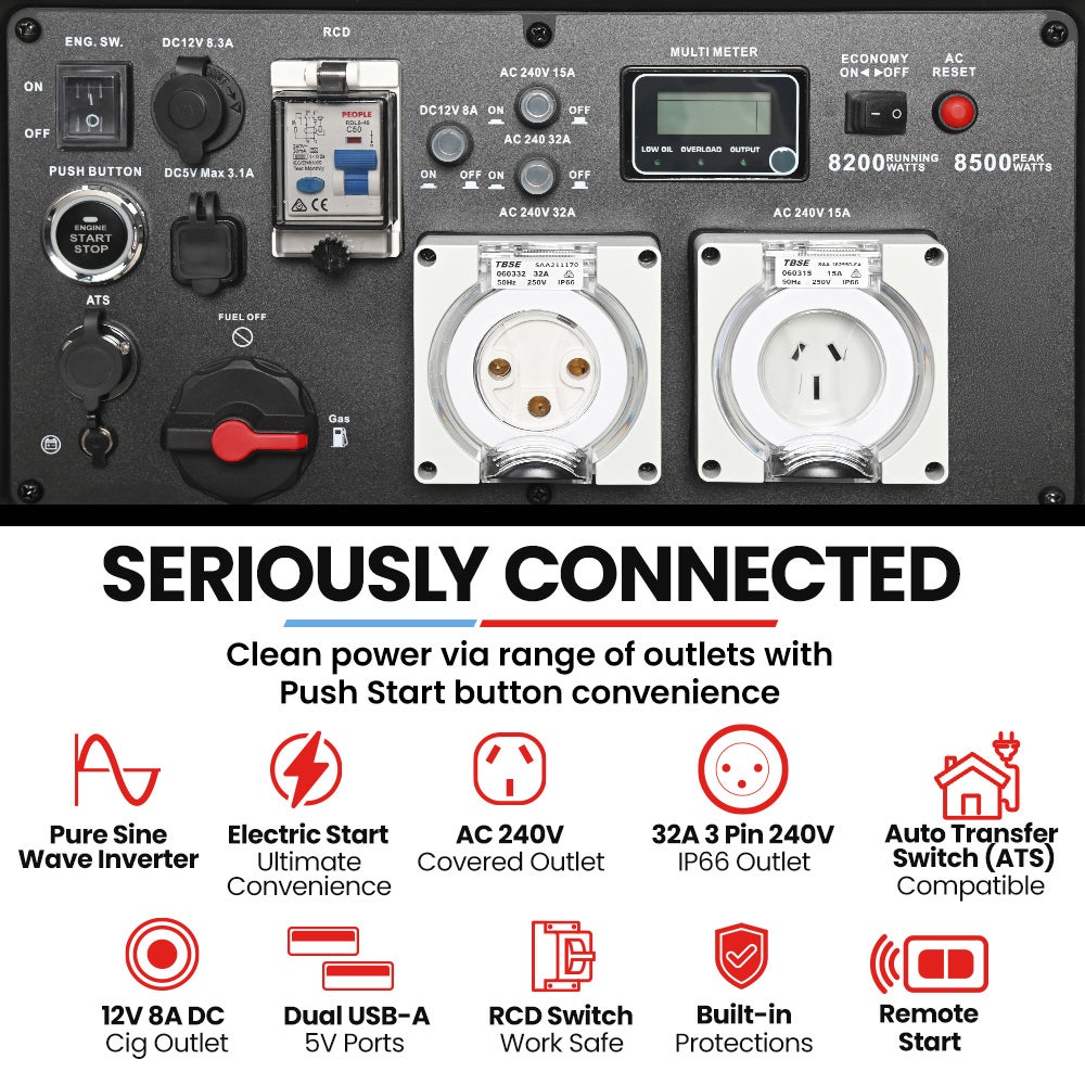 Portable Inverter Generator, 8.5kW Peak 8.2kW ATS Compatible RCD Remote Start