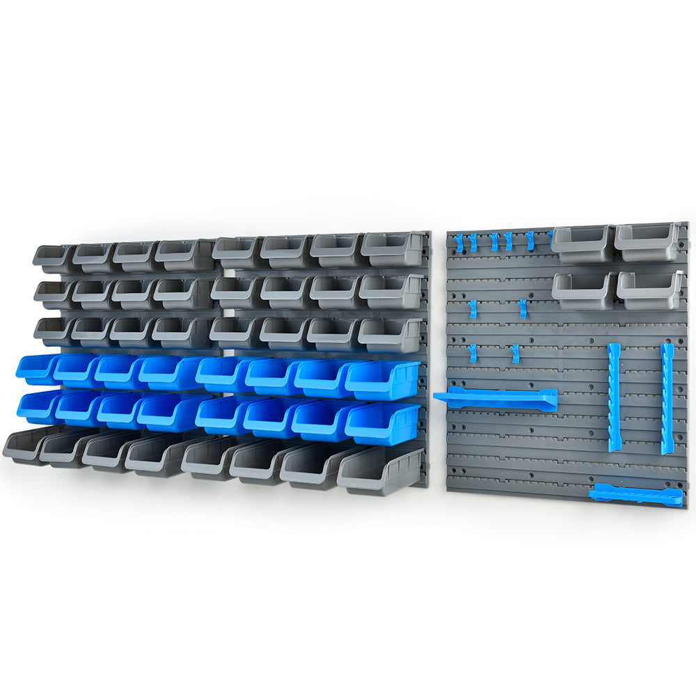 69 piece wall mounted parts bin rack with tool holders blue