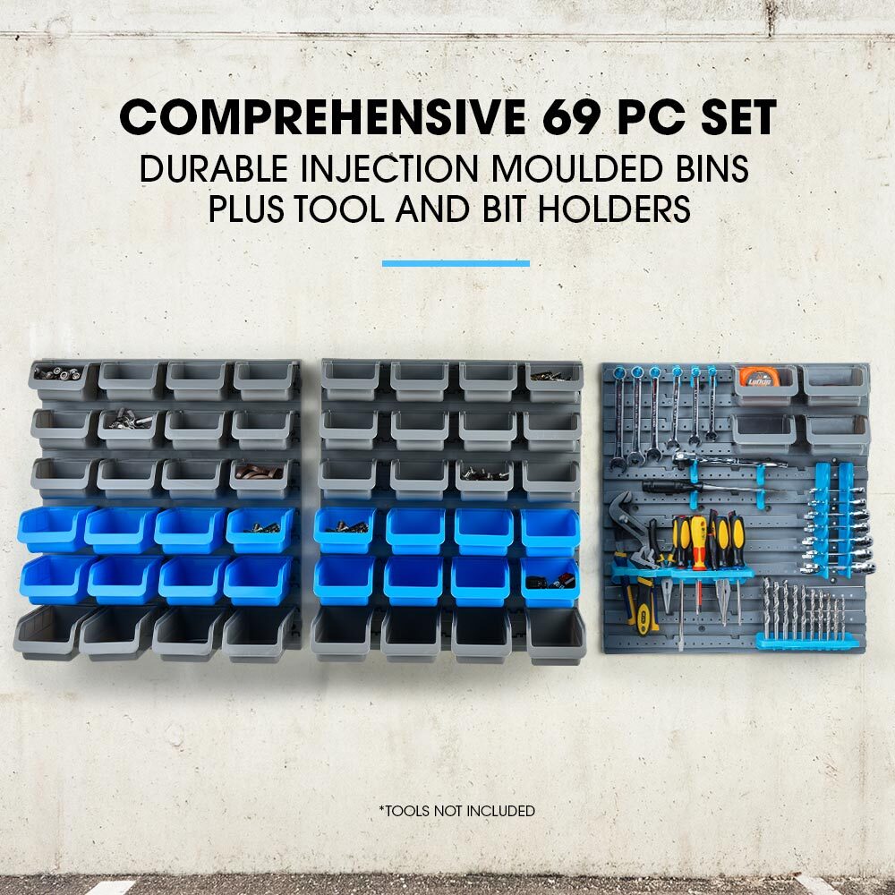 69 piece wall mounted parts bin rack with tool holders blue