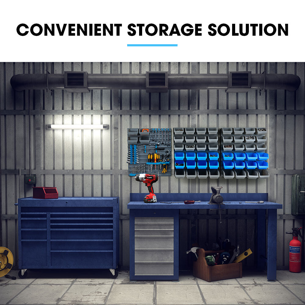 69 piece wall mounted parts bin rack with tool holders blue