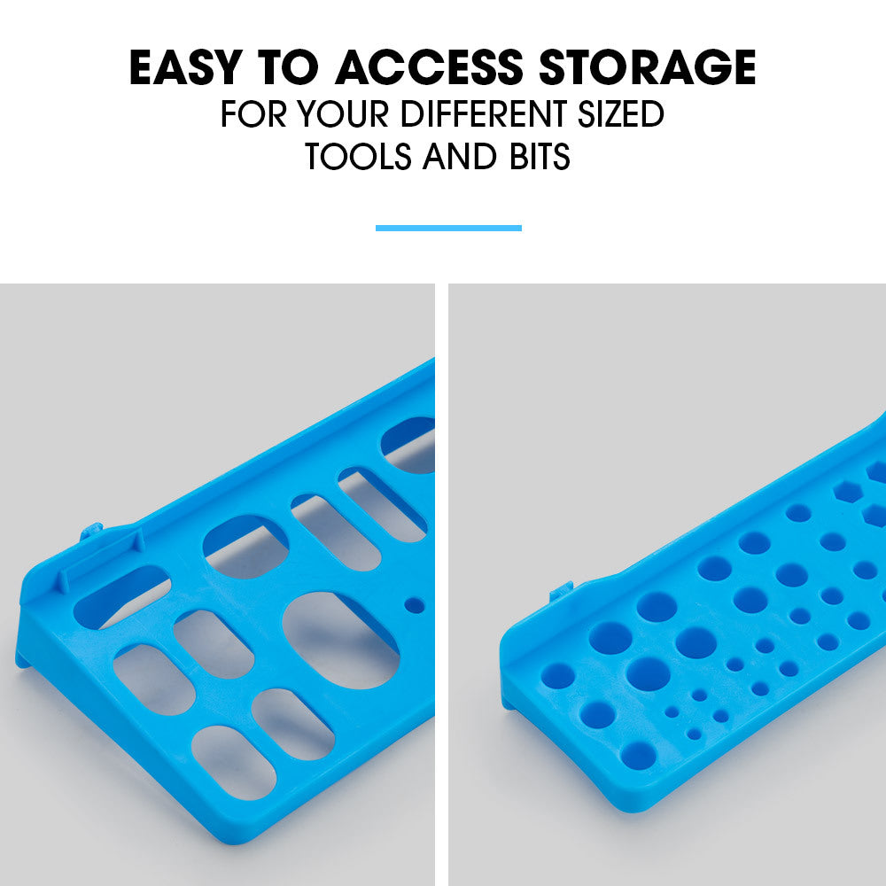 69 piece wall mounted parts bin rack with tool holders blue