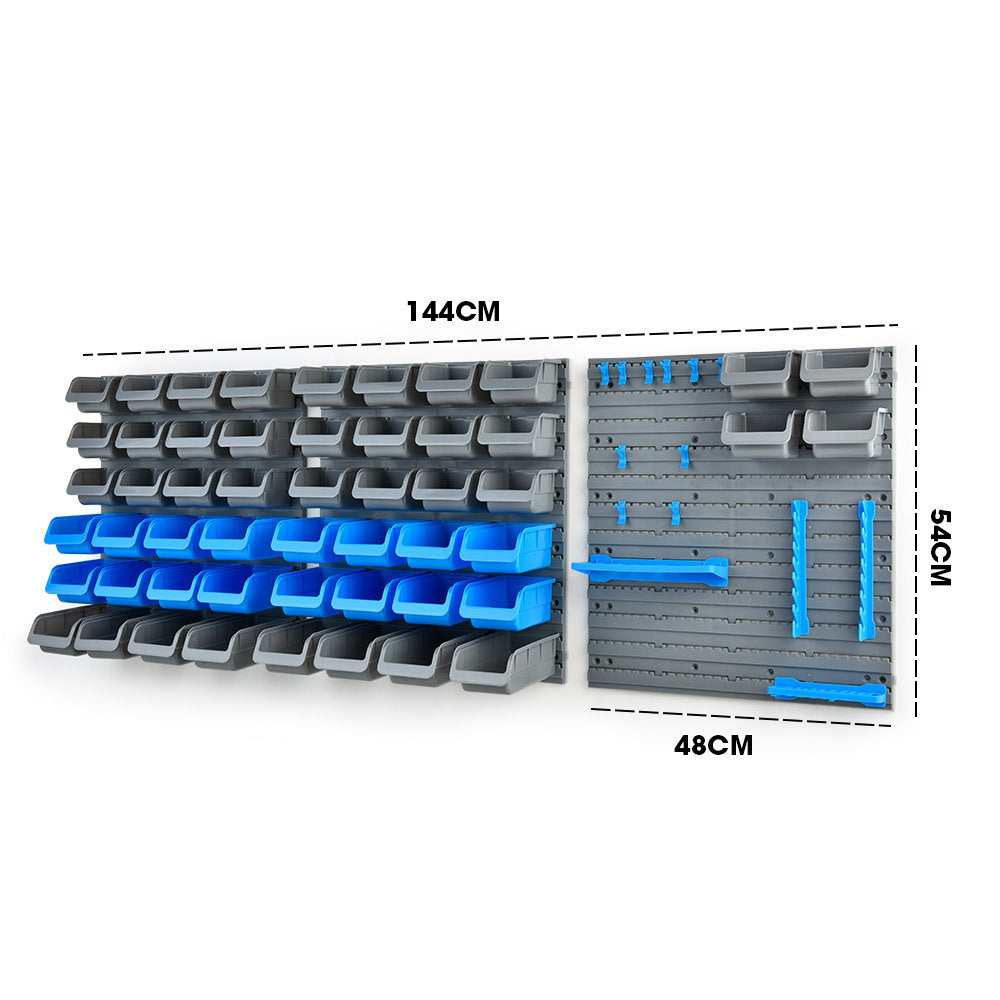 69 piece wall mounted parts bin rack with tool holders blue