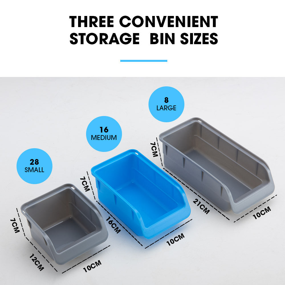 69 piece wall mounted parts bin rack with tool holders blue