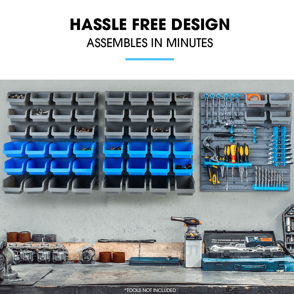 69 piece wall mounted parts bin rack with tool holders blue