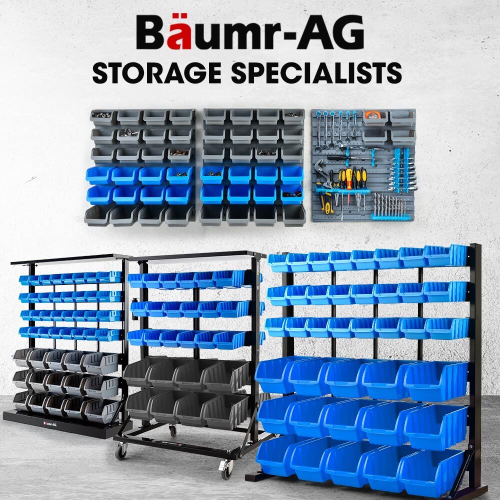 69 piece wall mounted parts bin rack with tool holders blue