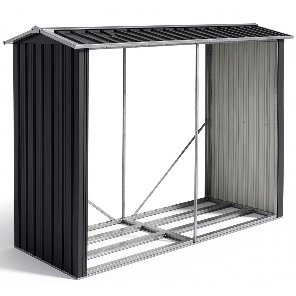 Black steel firewood storage shed with pitched roof