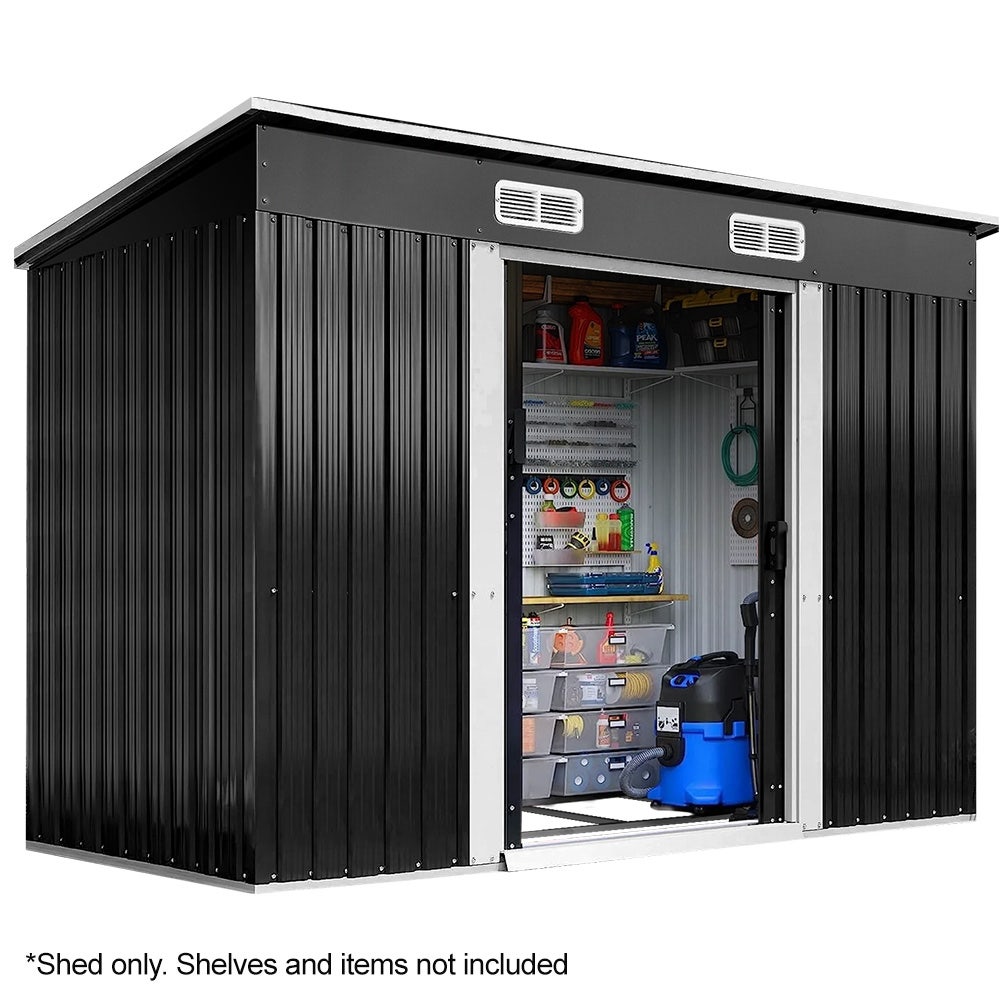 Outdoor galvanised steel garden shed with skillion roof, front view