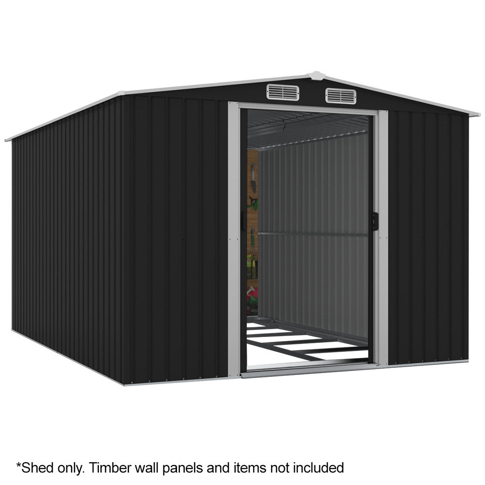 Outdoor galvanised steel garden shed with gable roof, front view
