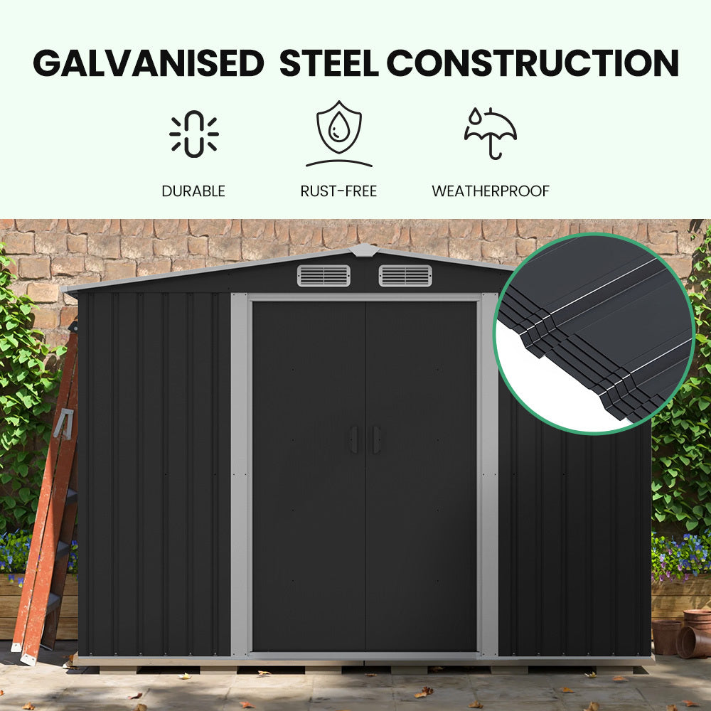 Galvanised steel garden shed side view with gable roof