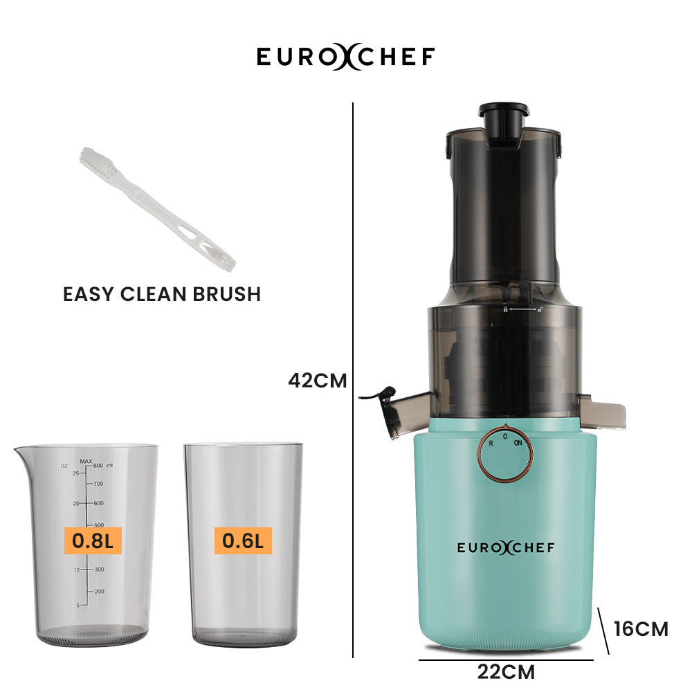 Front view of the 200 W cold press juicer in seafoam green
