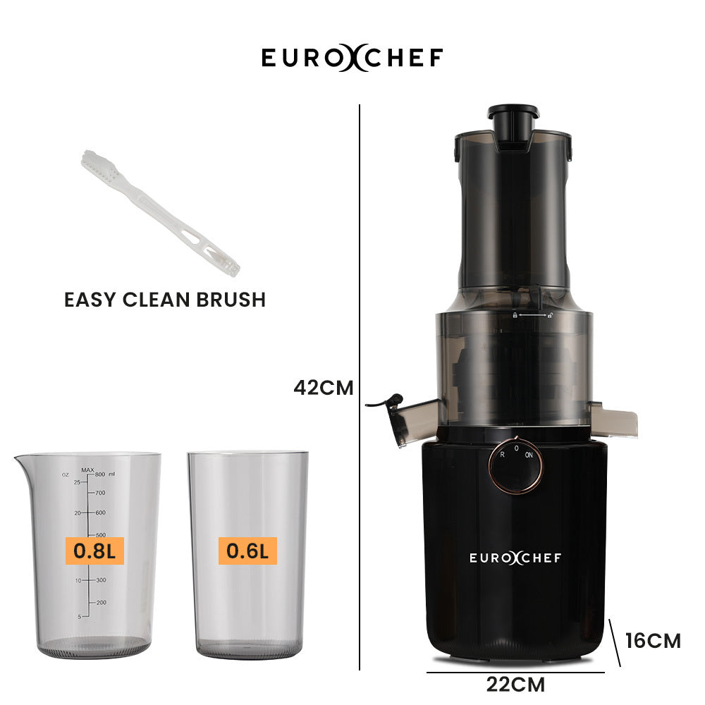 Front view of the 200 W cold press juicer in charcoal grey