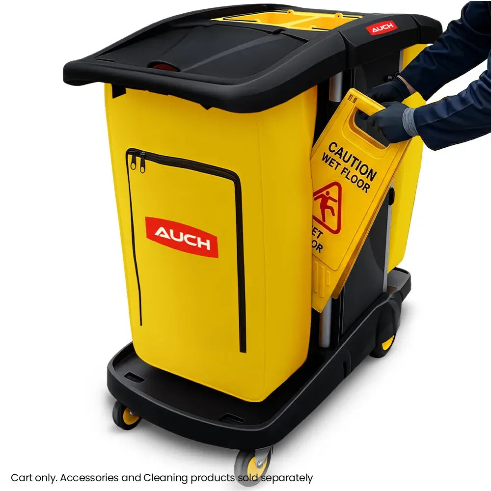 Double bag janitor cleaning trolley with lockable cabinet in black
