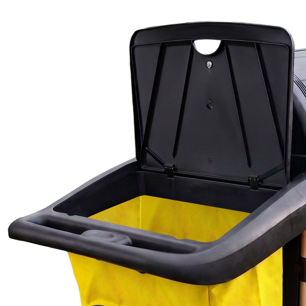 Single bag janitor cleaning trolley with lockable cabinet in black