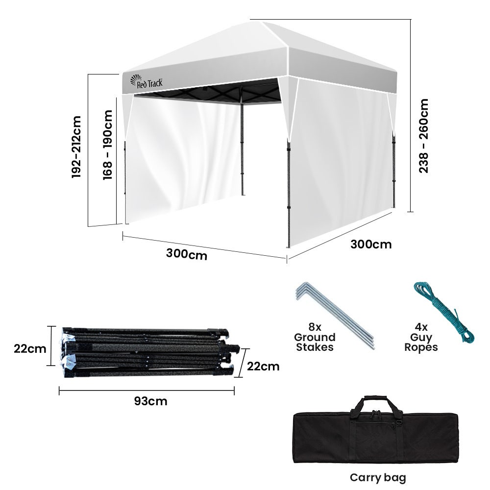 Diagram of the white gazebo showing the 3 x 3 m footprint and 2.6 m height