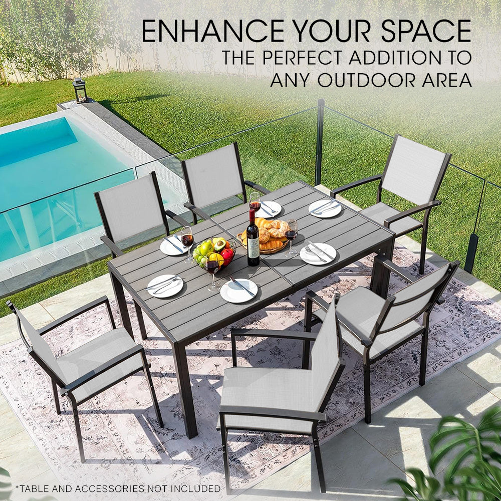 Culburra set of six mesh outdoor dining chairs on a patio