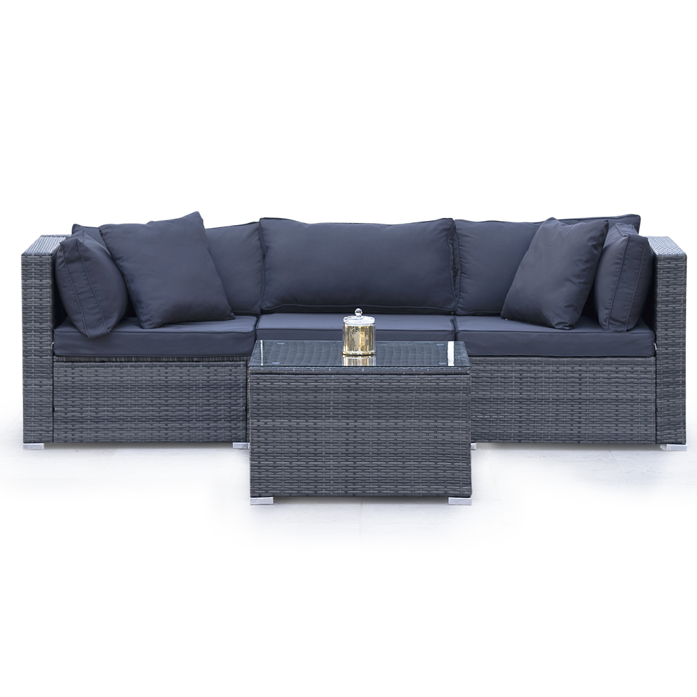 Eimeo grey wicker outdoor corner lounge set in an outdoor setting