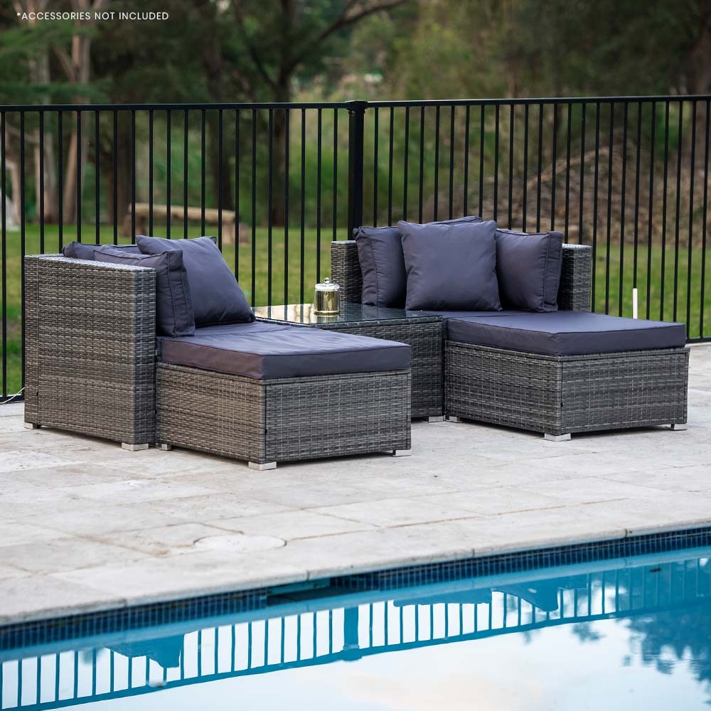 Eimeo 5 Piece 4 Seater Outdoor Corner Lounge Set with Twin Ottomans, Grey Wicker