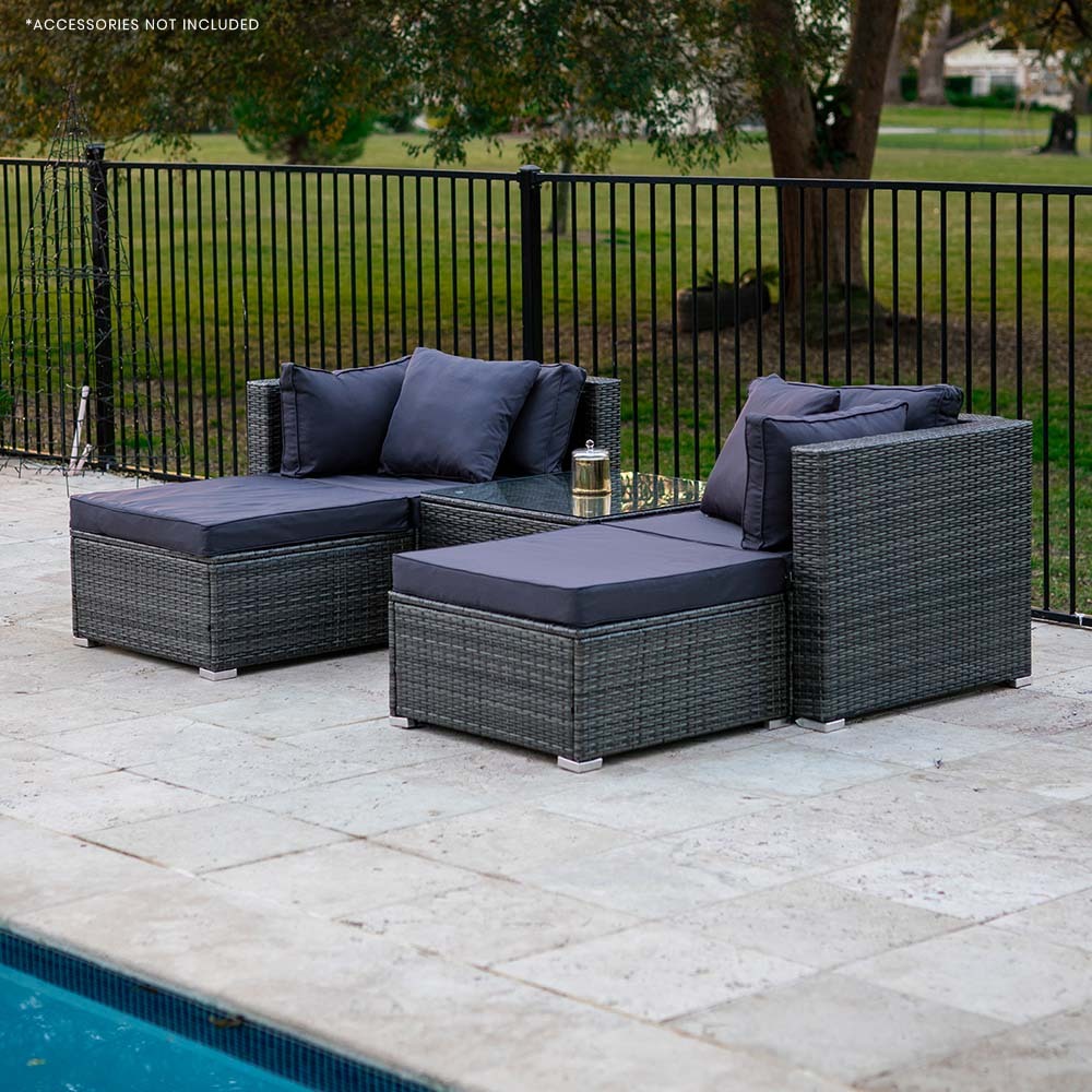 Eimeo 5 Piece 4 Seater Outdoor Corner Lounge Set with Twin Ottomans, Grey Wicker