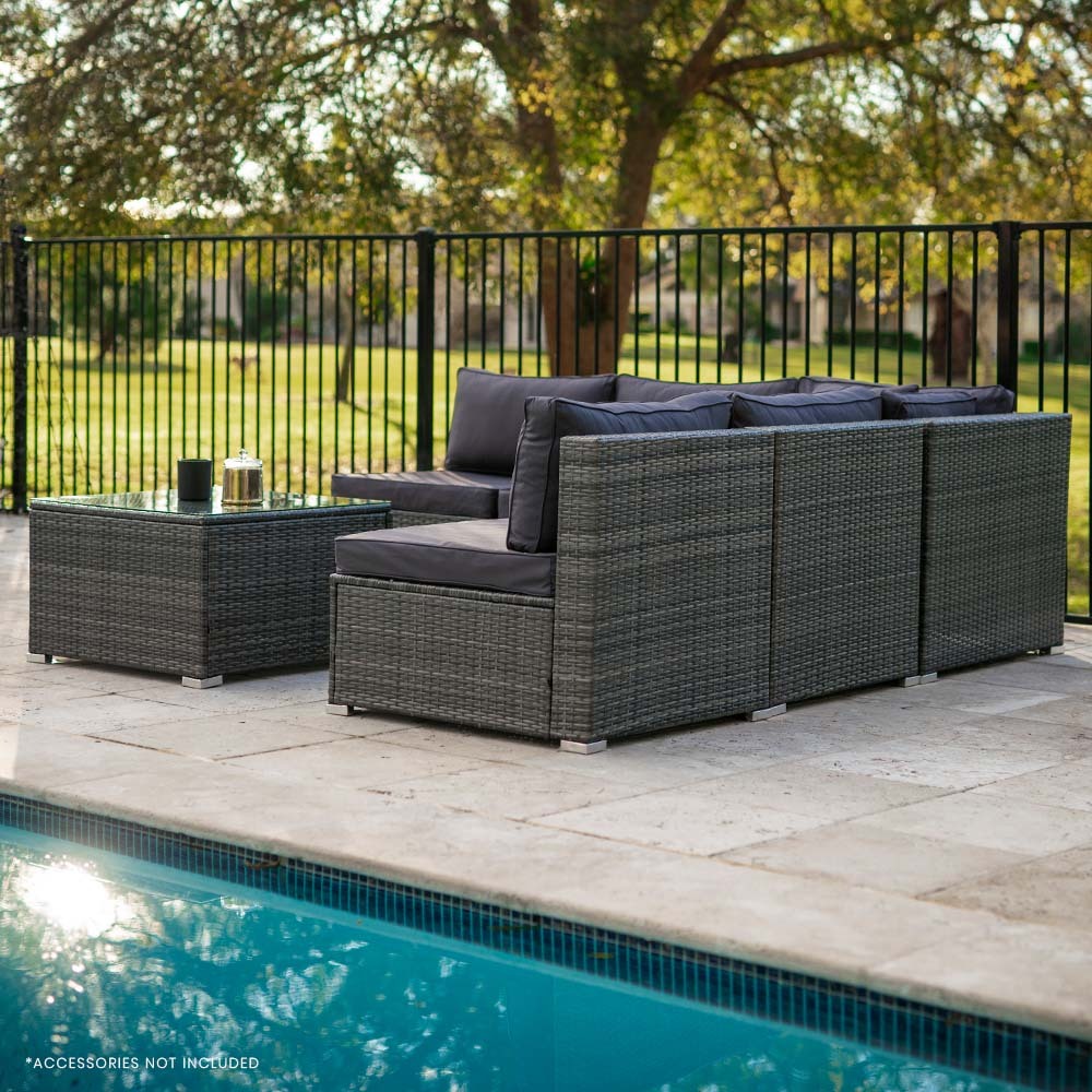Eimeo 6 Piece 5 Seater Outdoor Corner Lounge Set, Grey Wicker