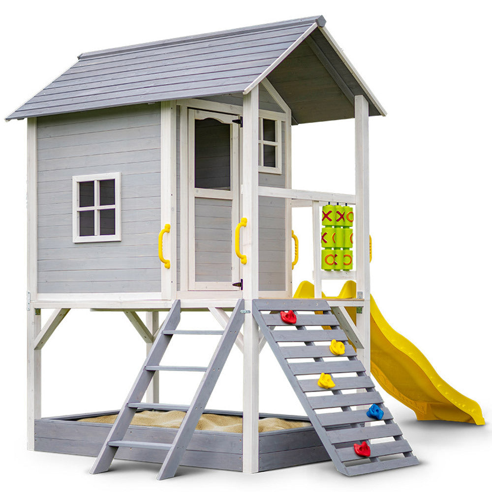 Wooden Tower Cubby House with Slide, Sandpit and Climbing Wall, Grey