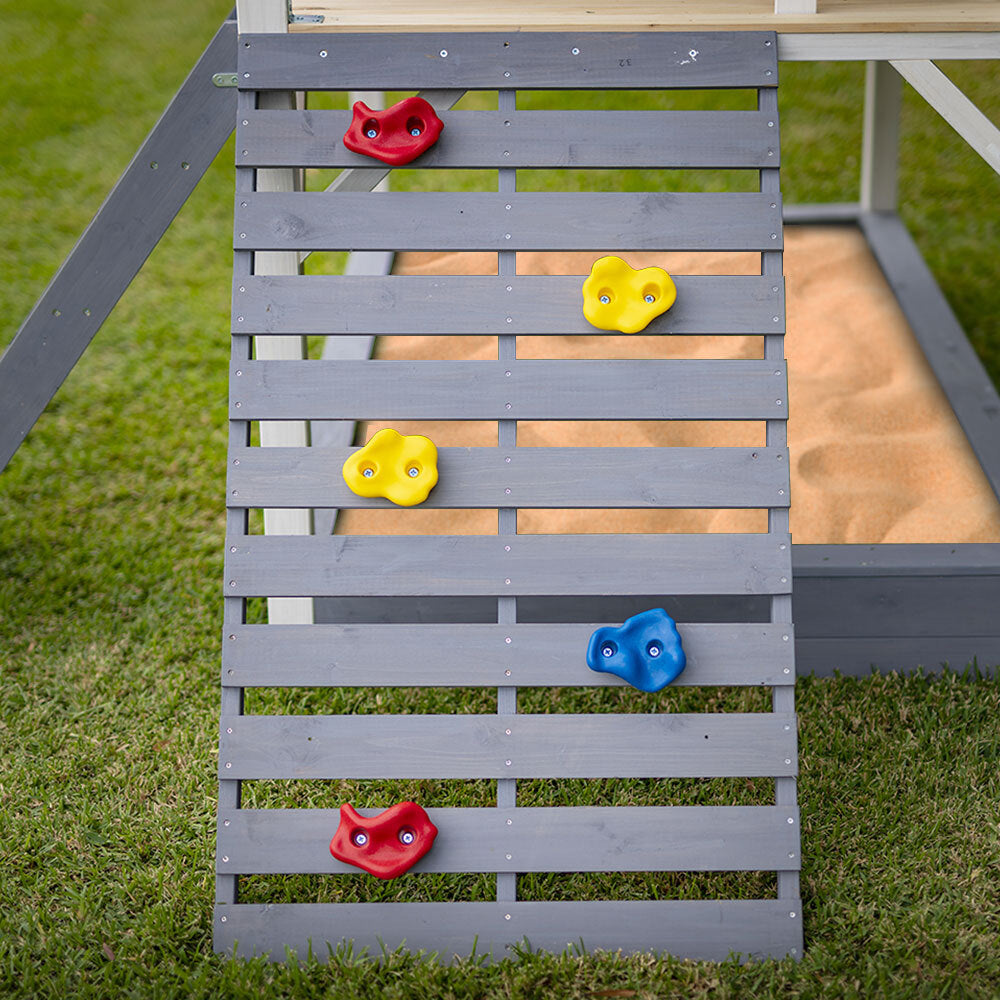 Wooden Tower Cubby House with Slide, Sandpit and Climbing Wall, Grey