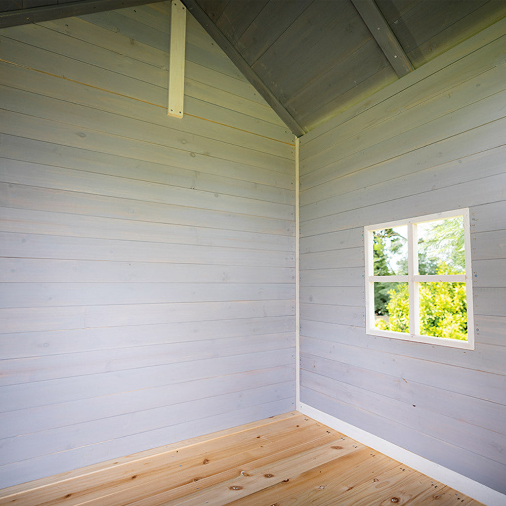 Wooden Tower Cubby House with Slide, Sandpit and Climbing Wall, Grey