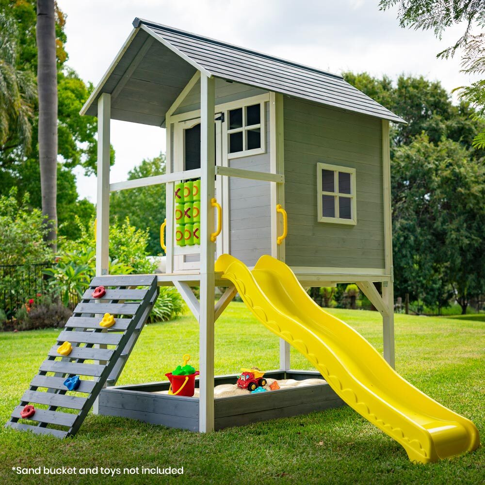 Wooden Tower Cubby House with Slide, Sandpit and Climbing Wall, Grey